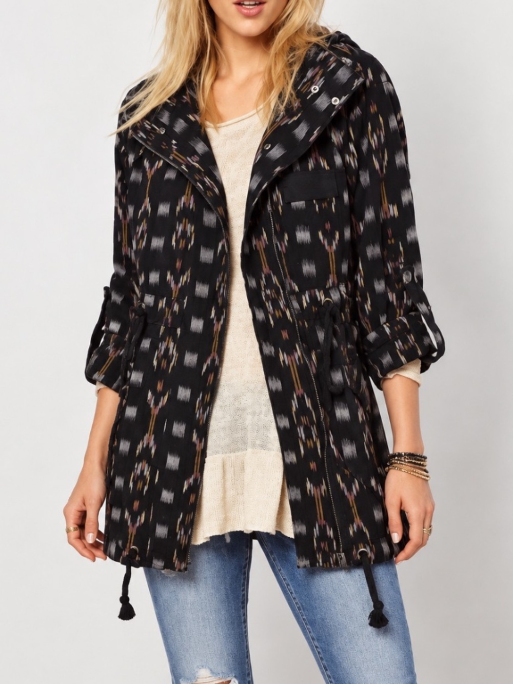 Free People The Ikat Parka Jacket Black Multicolor Hooded Boho Small